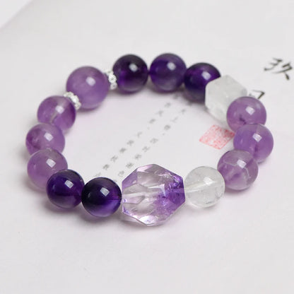 Natural Clear Quartz & Amethyst Crystal Beaded Bracelet (12mm) – Elegant Spiritual Jewelry for Mental Clarity & Intuition Enhancement