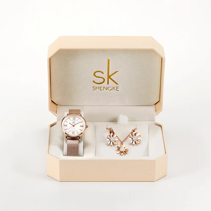 Shengke Women’s Luxury Watch & Jewelry Set – 30mm Quartz Watch with Necklace