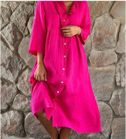 Women Linen Dress Covered Button Stand Neck Long Sleeve Linen Dress High Quality White Linen Dress