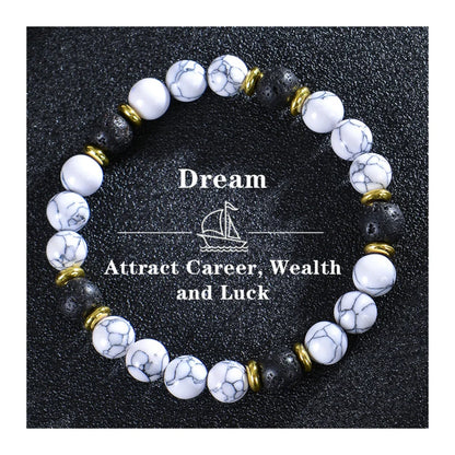 Handmade 8mm White Howlite & Lava Stone Beaded Bracelet | Natural Stone Jewelry for Career, Wealth, Luck & Personal Meaning Lilia