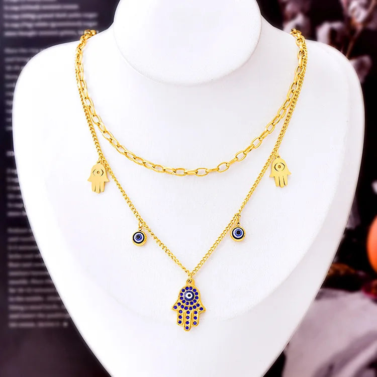 Luxury 18K Gold Blue Zircon Eye Jewelry Set – Double Chain Necklace, Bracelet & Earrings for Women Sylviane