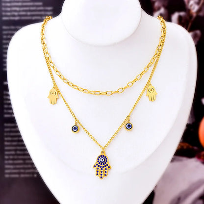 Luxury 18K Gold Blue Zircon Eye Jewelry Set – Double Chain Necklace, Bracelet & Earrings for Women Sylviane