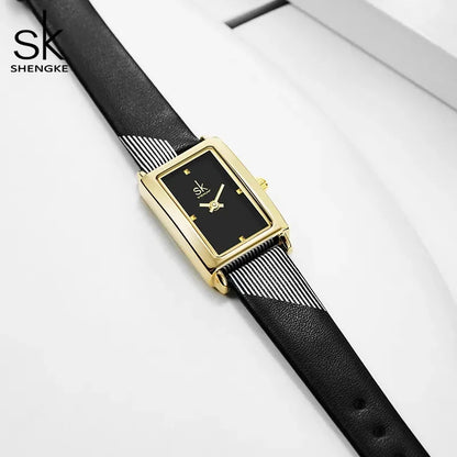 Shengke Women's Designer Rectangle Watch – Elegant Ladies Wristwatch with Leather Band and Quartz Movement Chantal