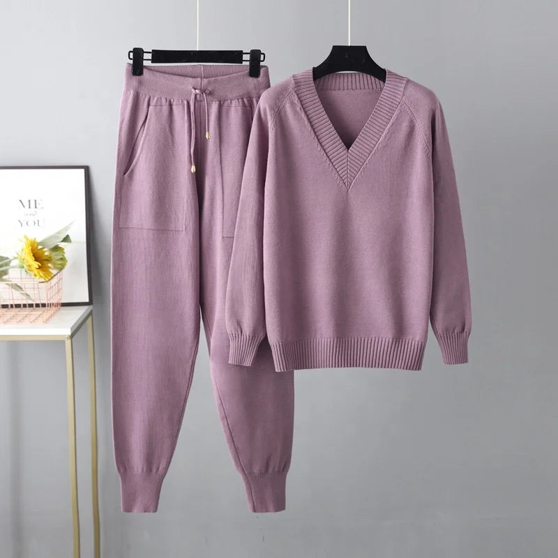 Autumn & Winter Women's Sweater Two-Piece Set – Casual Knit Jumper and Harun Pants Outfit Harlene