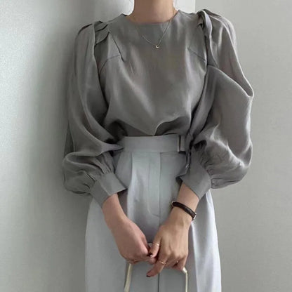 Women's Summer Casual Bubble Sleeve Shirt – French Style Round Neck Top