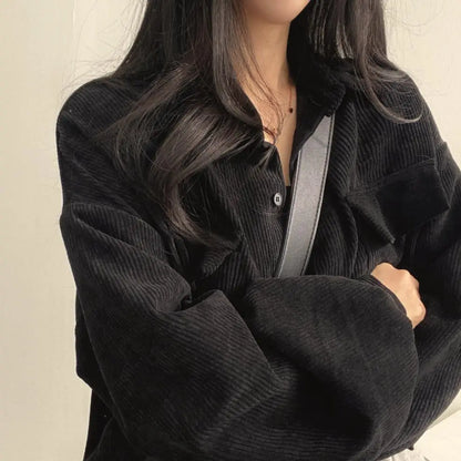 Women's Elegant Corduroy Jacket - Single-Breasted Casual Coat with Turn-Down Collar and Short Lantern Sleeves Celeste