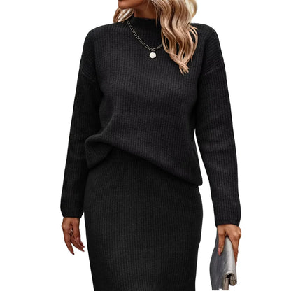 Women's Elegant 2-Piece Knitted Skirt Suit - Loose Fit Split Design with Casual Print for Autumn, Spring, and Winter Fidelia