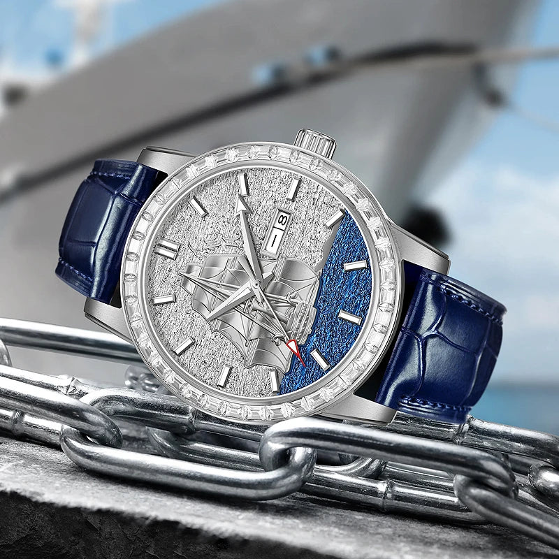 HANBORO Men’s Automatic Mechanical Watch – Smooth Sailing Series, Sailboat Design, Calendar Display Maedric