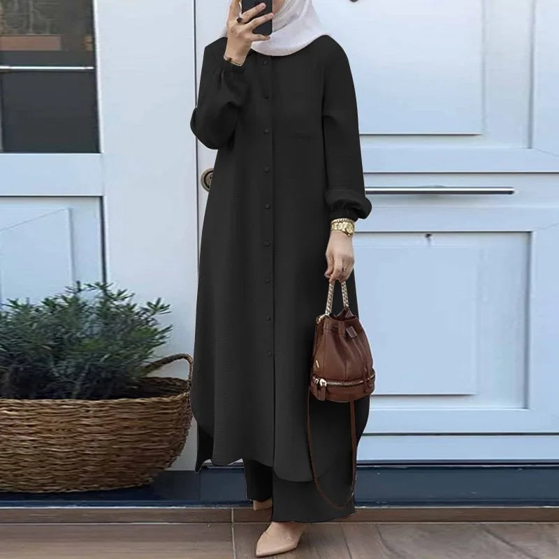 Muslim Women's Arabic Style Two-Piece Outfit – Long-Sleeve Shirt and Trousers Set for Modest Fashion Hiba