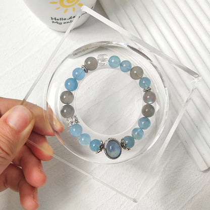 Trendy Spiritual Gem Bracelet – Aquamarine, Gray Moonstone, Clear Quartz for Calm, Intuition & Chakra Balancing