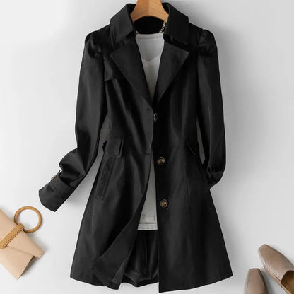 Women's Slim Fit Trench Coat - Solid Color Single-Breasted Medium-Length Jacket Carina