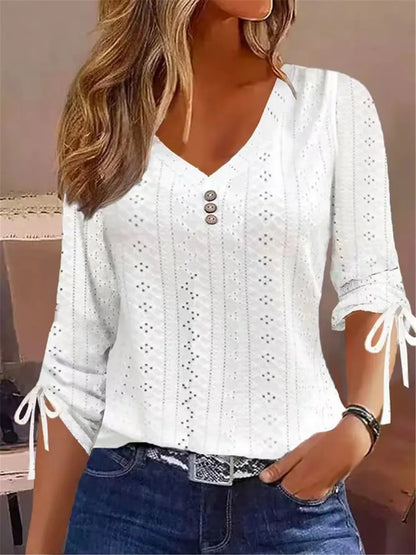 Autumn/Winter Solid Color Jacquard V-Neck Button-Up Long-Sleeve Top