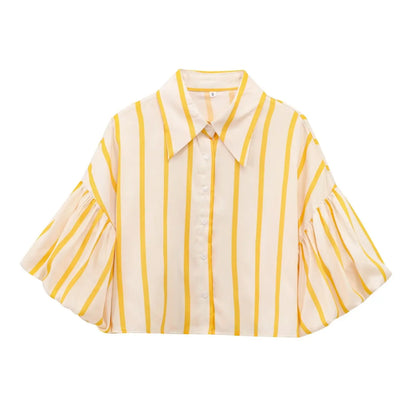 Women's Vintage Print Cropped Blouse – Loose, Comfortable with Puff Sleeves and Back Elastic