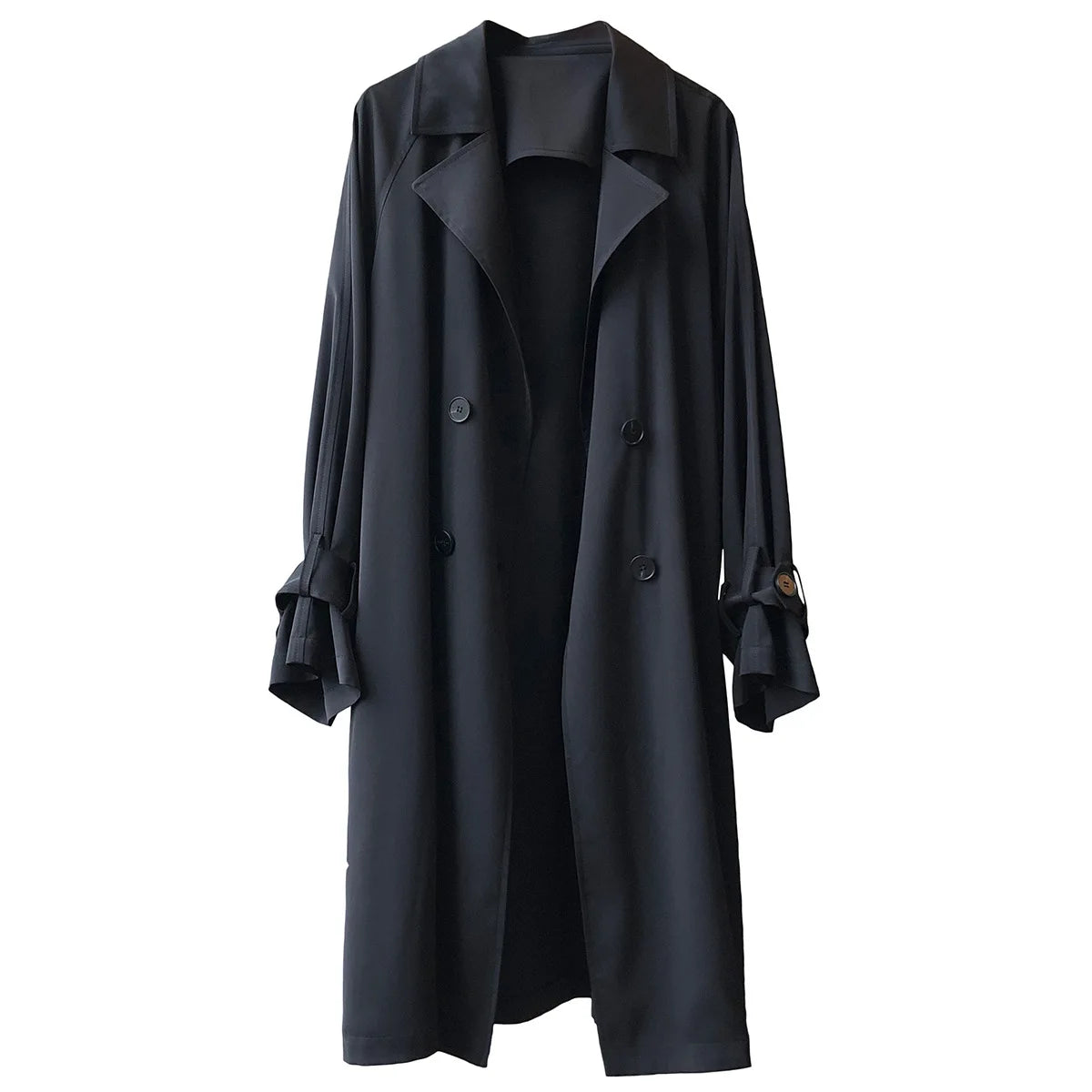 Women's Long Thin Trench Coat - Korean Style, Loose Fit, Solid Color, Over-the-Knee Design Adelein
