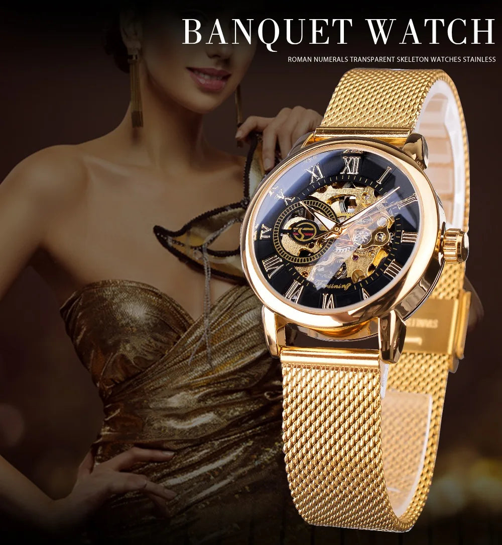 Forsining Women’s Skeleton Watch | Stainless Steel Transparent Mechanical Wristwatch – Waterproof Luxury Watch for Women