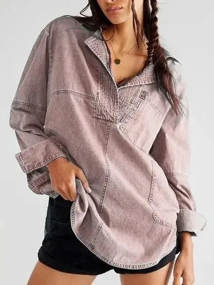 Trendy Women's Slim Fit Denim Shirt - Long Sleeve Lapel Casual Style Meghan