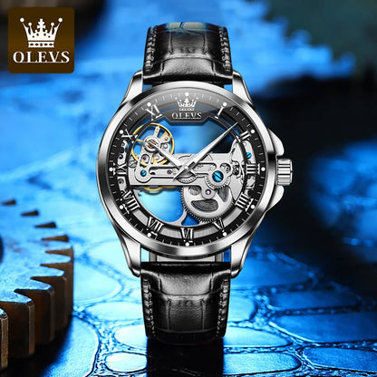 OLEVS 6661 Men's Mechanical Watch – New Design, Skeleton Dial, Real Leather Band, Waterproof, Transparent Mirror Wristwatch