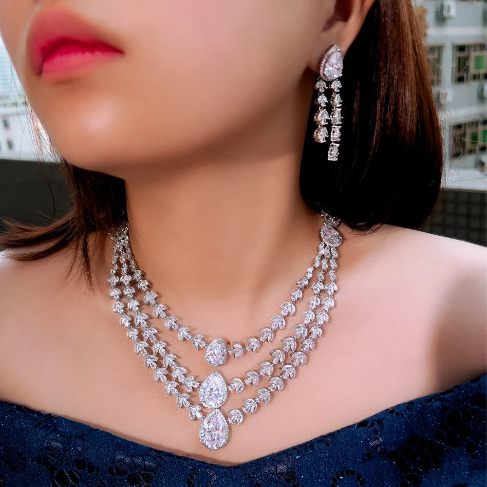Shiny White Zirconia 3-Layer Water Drop Leaf Necklace & Earrings – Luxury Bridal Wedding Jewelry Set for Women | Party Wear Eleanore