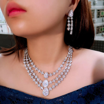 Shiny White Zirconia 3-Layer Water Drop Leaf Necklace & Earrings – Luxury Bridal Wedding Jewelry Set for Women | Party Wear Eleanore