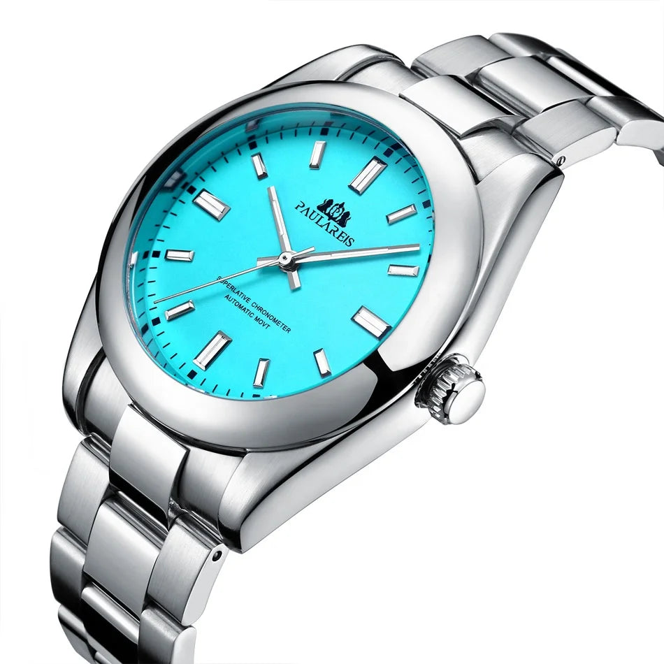 PAULAREIS Luxury Men’s Automatic Watch – Luminous Sky Blue Dial, Waterproof Mechanical Wristwatch with Stainless Steel Band Allen