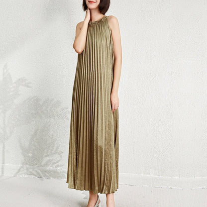 Women's Halter Neck Sleeveless Dress | Metallic Polyester Flowing Pleated Beach Tank Dress Juliette
