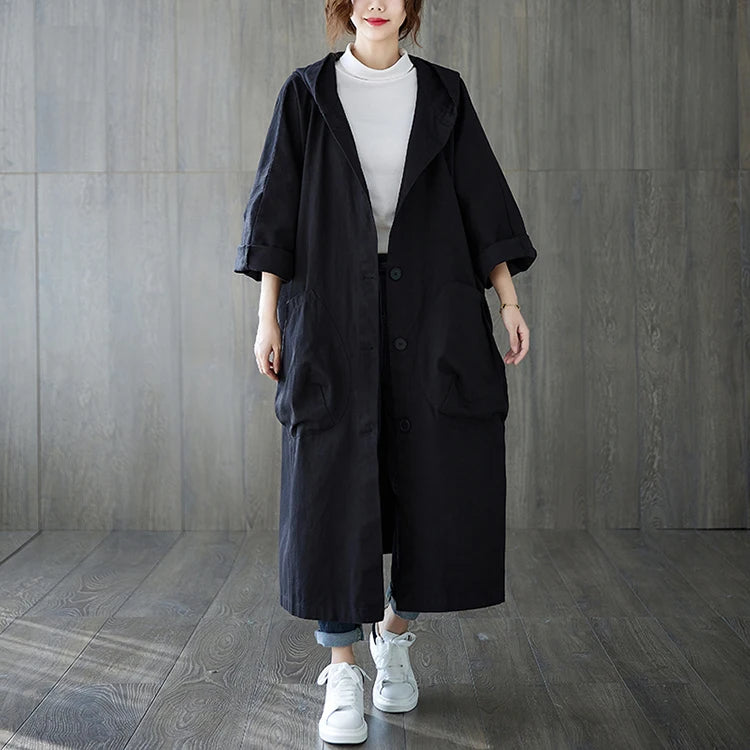 Casual Hooded Women's Coat with Pockets – Loose-Fit Long Autumn Jacket Ruby
