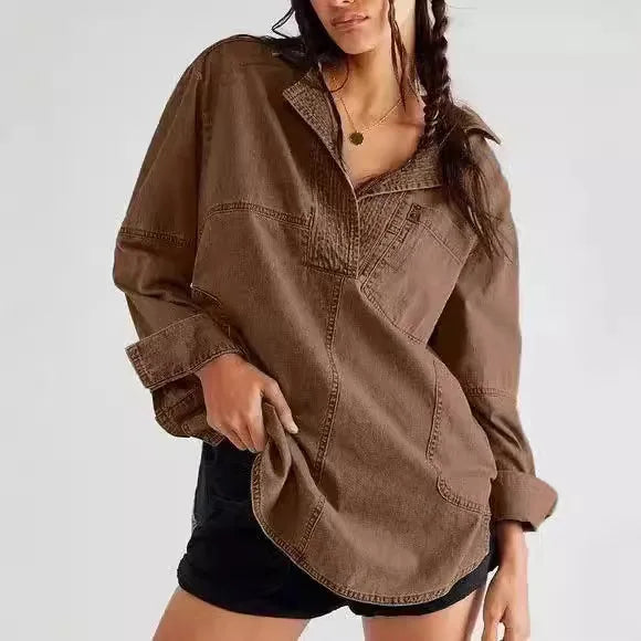 Trendy Women's Slim Fit Denim Shirt - Long Sleeve Lapel Casual Style Meghan