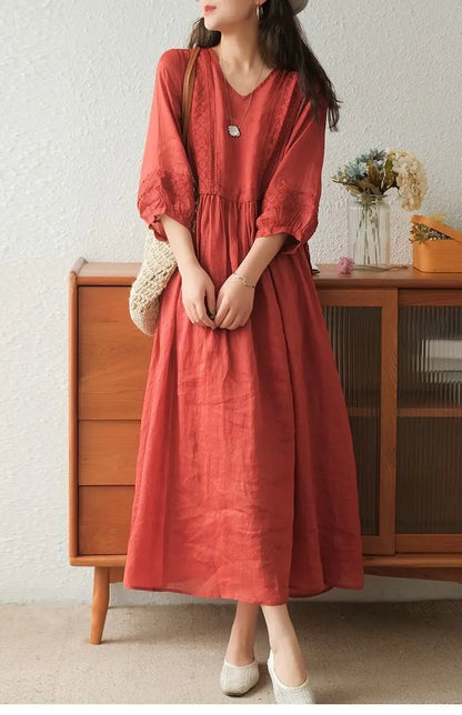 Women Casual Dress Long Sleeve Solid Color V Neck Midi Cotton Linen Dress Linen Dresses Women