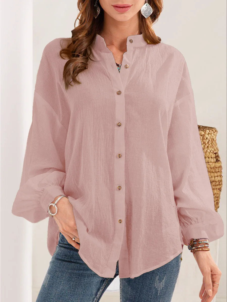 Women Solid Color White Loose Tops Long Sleeve Casual Shirts Stand Collar Button Spring Shirt