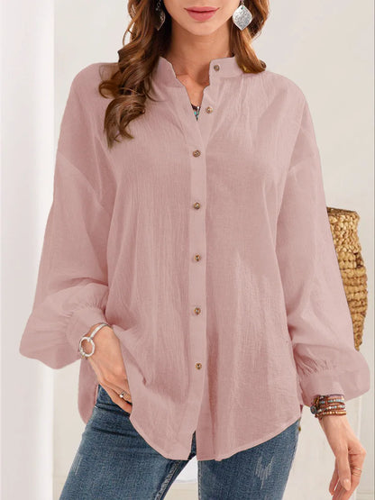 Women Solid Color White Loose Tops Long Sleeve Casual Shirts Stand Collar Button Spring Shirt