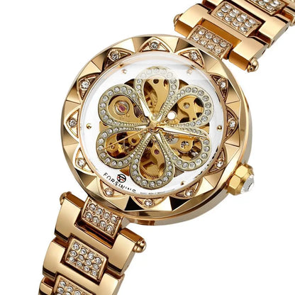 Forsining 342 Women's Automatic Mechanical Watch – Elegant Flower Design, Stainless Steel Fashion Wristwatch