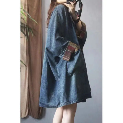 Vintage Casual Loose Denim Women's Coat with Pockets – Mid-Length V-Neck Jacket Maeve