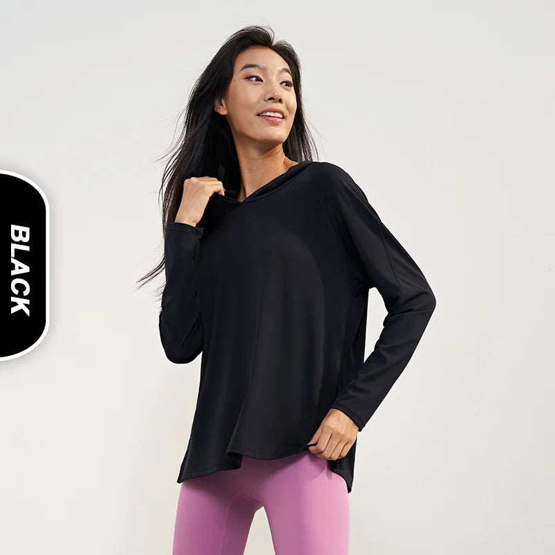 Women's Nude Feeling Workout Top | Split Hem Long Sleeve Hooded Yoga Shirt