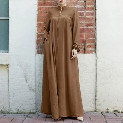 Women's Muslim Arab Style Long Dress – Elegant Abaya with Stand Collar, Zipper, Pockets, and Casual Coat Design Ameerah