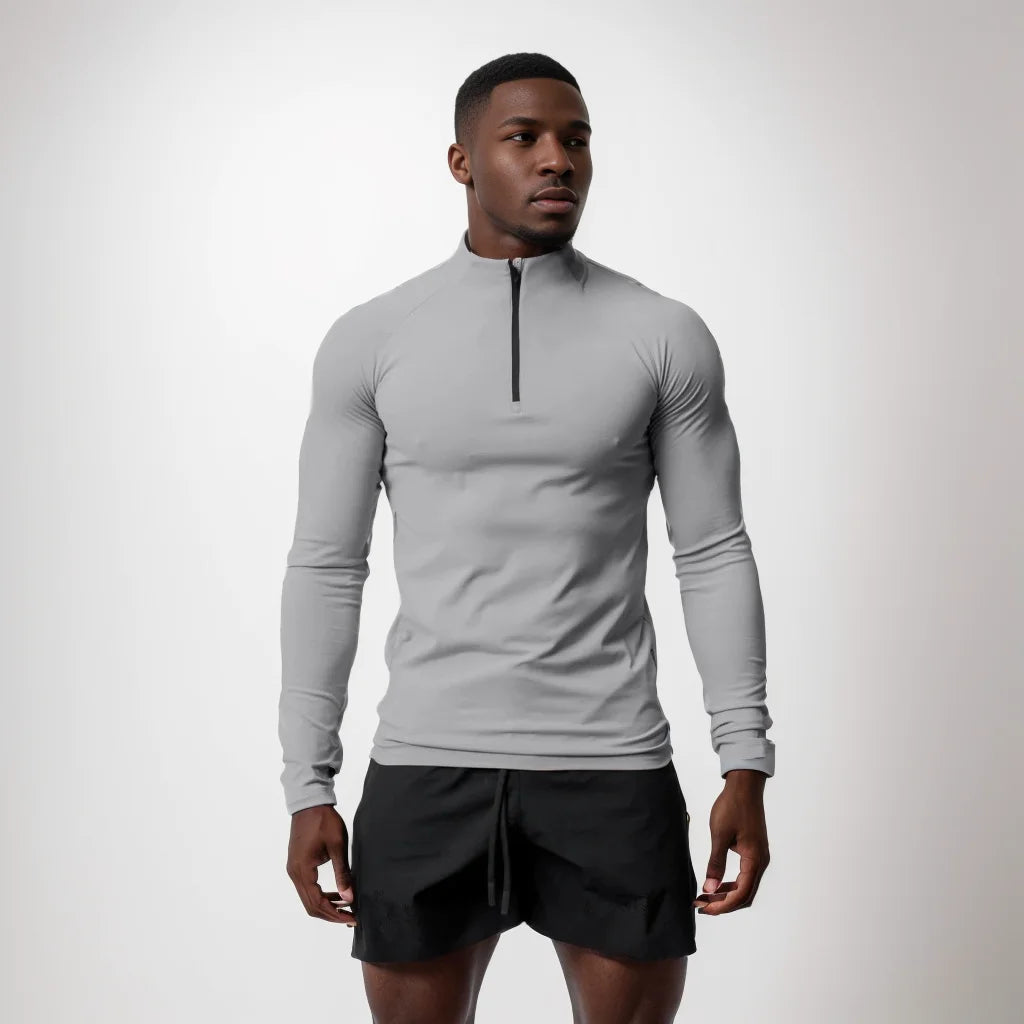 Men's High-Neck Half-Zip Compression Sweatshirt – Long-Sleeve Fleece Fitness Top for Winter Training, Gym, and Running