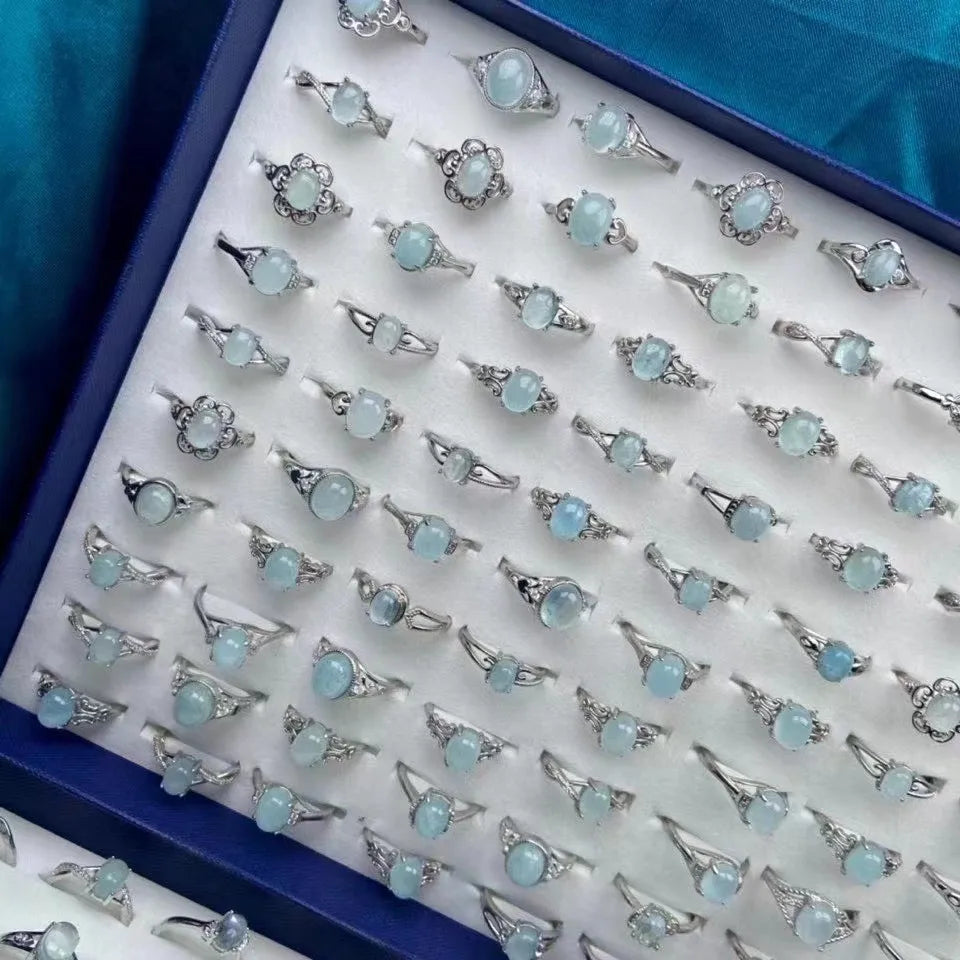 White Copper Silver-Plated Gemstone Rings – Resizable Aquamarine Crystal Finger Rings | Unique Gift for All Occasions