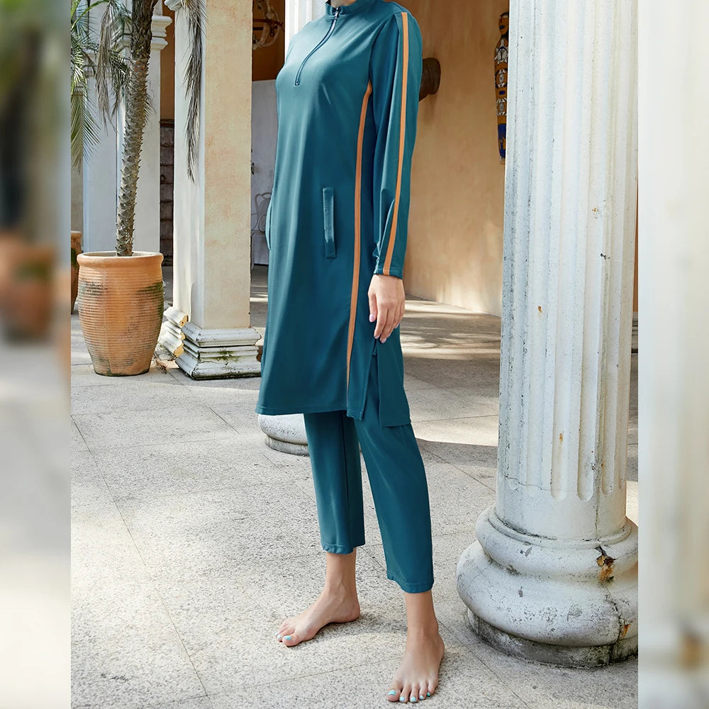 Blue Long-Sleeve Muslim Swimwear | Zipper 3-Piece Burkini with Hijab Hafsa
