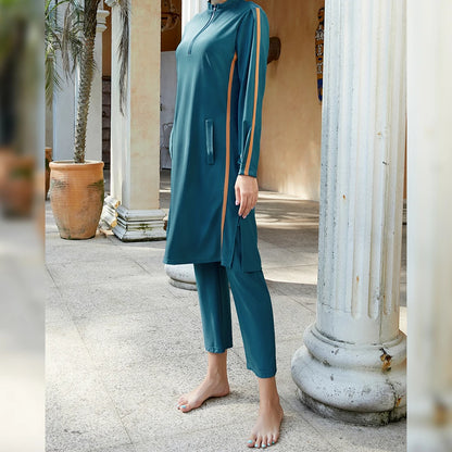 Blue Long-Sleeve Muslim Swimwear | Zipper 3-Piece Burkini with Hijab Hafsa