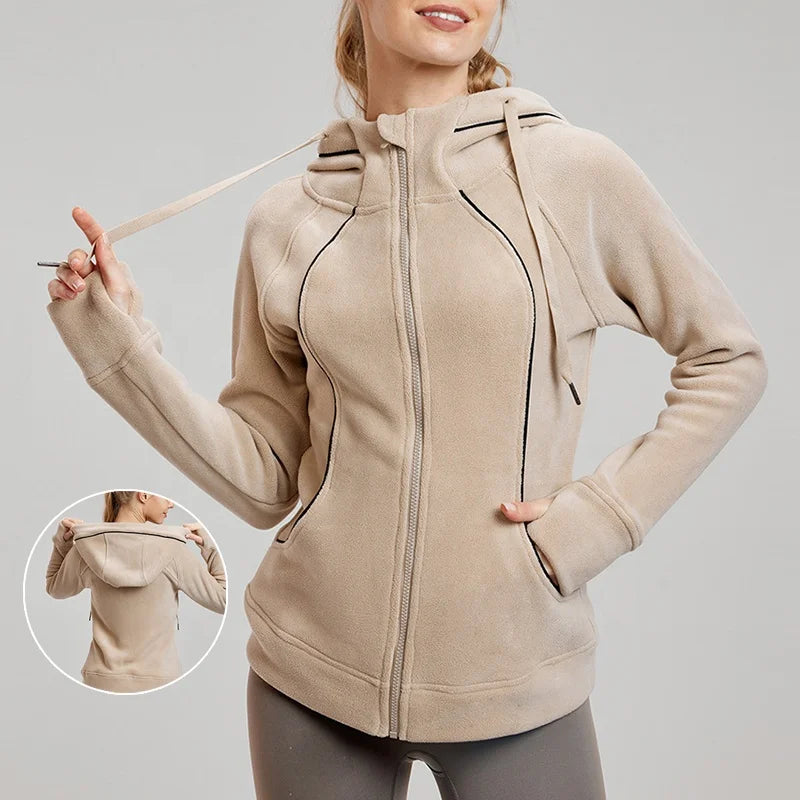 Women's Fleece Thickened Hoodie Jacket – Full Zip Winter Workout Top with Zipper Pocket, Warm Yoga Sweatshirt for Women