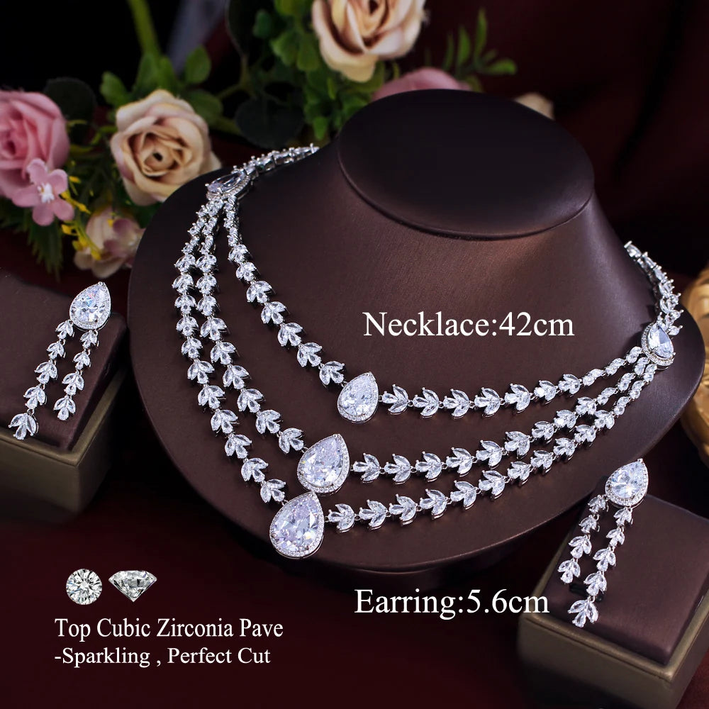Shiny White Zirconia 3-Layer Water Drop Leaf Necklace & Earrings – Luxury Bridal Wedding Jewelry Set for Women | Party Wear Eleanore