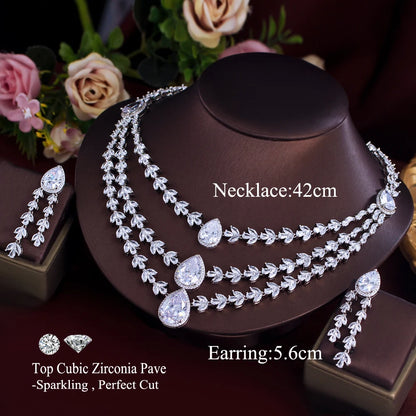 Shiny White Zirconia 3-Layer Water Drop Leaf Necklace & Earrings – Luxury Bridal Wedding Jewelry Set for Women | Party Wear Eleanore