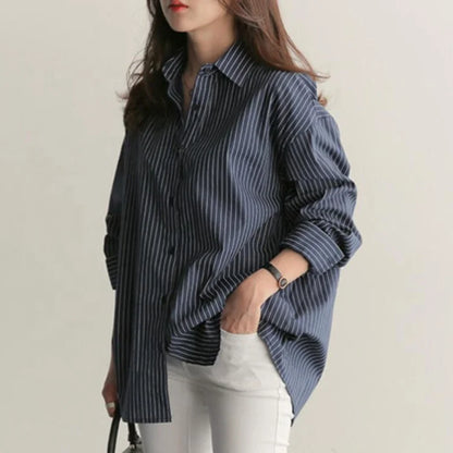 Women’s Spring and Autumn Cotton Striped Blouse – Loose Casual Long Sleeve V-Neck Button-Up Shirt with Lapel Design Ciara