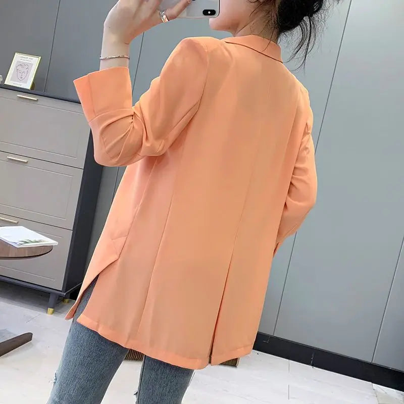 New Women’s Spring & Summer Chiffon Suit Cardigan – Seven Sleeve, Mid-Long Lapel V-Neck Casual Loose Jacket Maribel