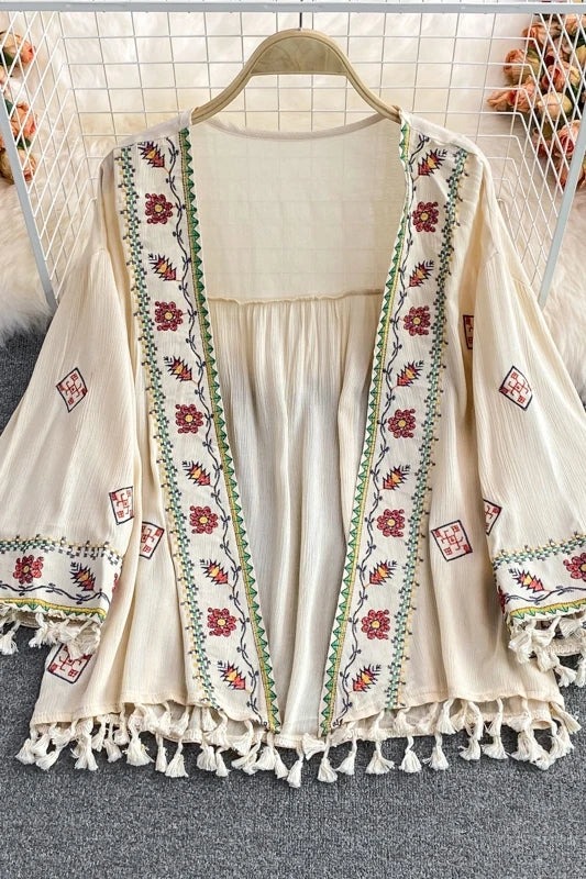 Women's Bohemian Ethnic-Style Loose Embroidered Tassel Top – Seaside Vacation Sun Protection Shawl Shirt