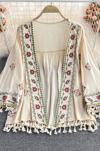 Women's Bohemian Ethnic-Style Loose Embroidered Tassel Top – Seaside Vacation Sun Protection Shawl Shirt