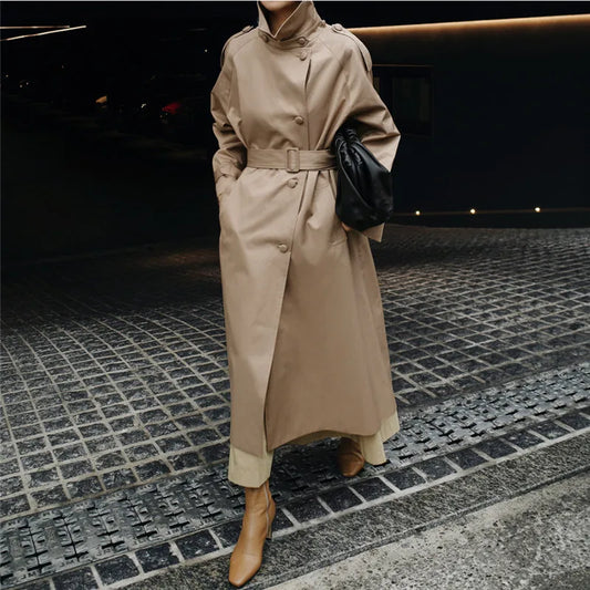 Women's Slim Fit Trench Coat – Mid-Length Korean Style with Standing Collar and Lace-Up Waist for Autumn Cinder