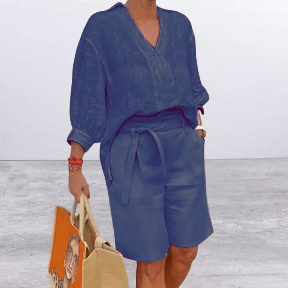 Women's Summer Cotton Linen Set | V-Neck Loose Shirt & Casual Shorts Bea