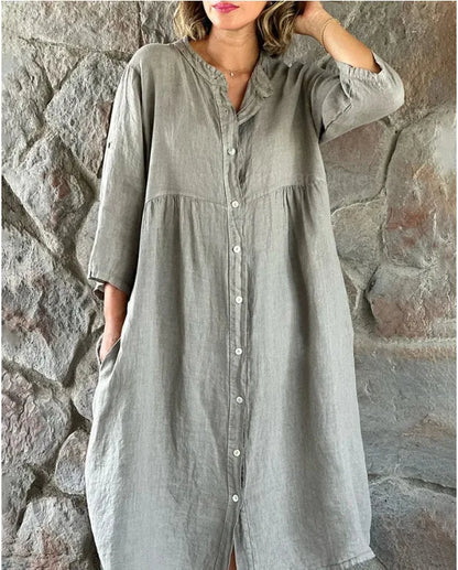 Women Linen Dress Covered Button Stand Neck Long Sleeve Linen Dress High Quality White Linen Dress