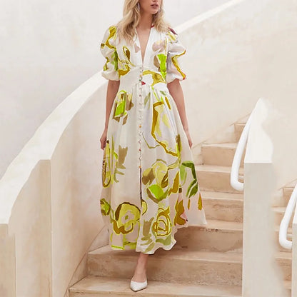Women Summer Casual Chiffon Floral Print V Neck A-line Maxi Long Beach Women Elegant Dress