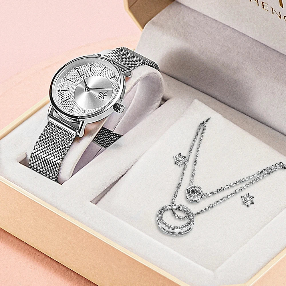 SK Women’s Watch and Bracelet Set – Fashion Bling Jewelry Gift Set with Necklace | Stylish Ladies Wristwatch Set